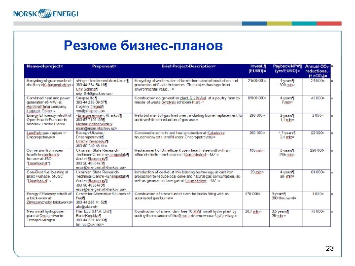 Резюме бизнес-планов 23 