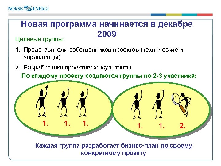 Новая программа начинается в декабре 2009 Целевые группы: 1. Представители собственников проектов (технические и