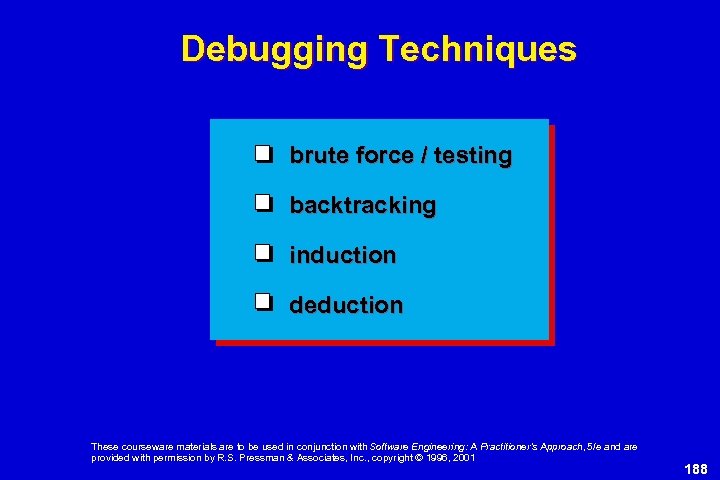 Debugging Techniques brute force / testing backtracking induction deduction These courseware materials are to