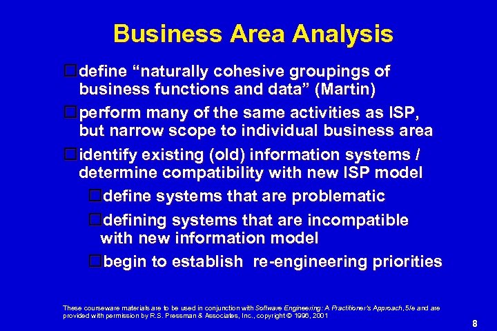 Business Area Analysis define “naturally cohesive groupings of business functions and data” (Martin) perform