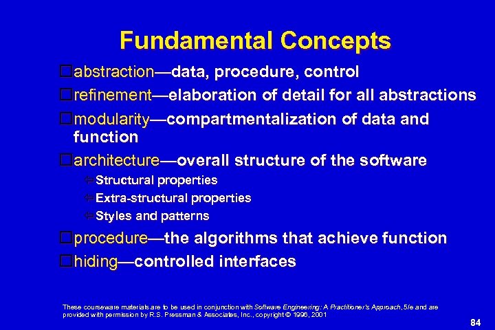 Fundamental Concepts abstraction—data, procedure, control refinement—elaboration of detail for all abstractions modularity—compartmentalization of data