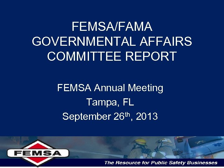 FEMSA/FAMA GOVERNMENTAL AFFAIRS COMMITTEE REPORT FEMSA Annual Meeting Tampa, FL September 26 th, 2013