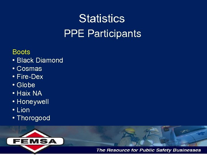 Statistics PPE Participants Boots • Black Diamond • Cosmas • Fire-Dex • Globe •