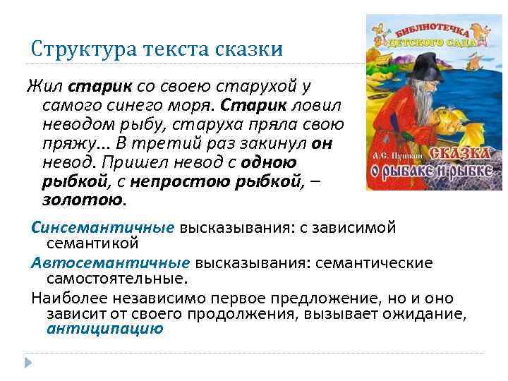 Структура текста сказки Жил старик со своею старухой у самого синего моря. Старик ловил