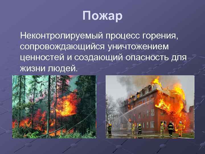 Пожар Неконтролируемый процесс горения, сопровождающийся уничтожением ценностей и создающий опасность для жизни людей. 