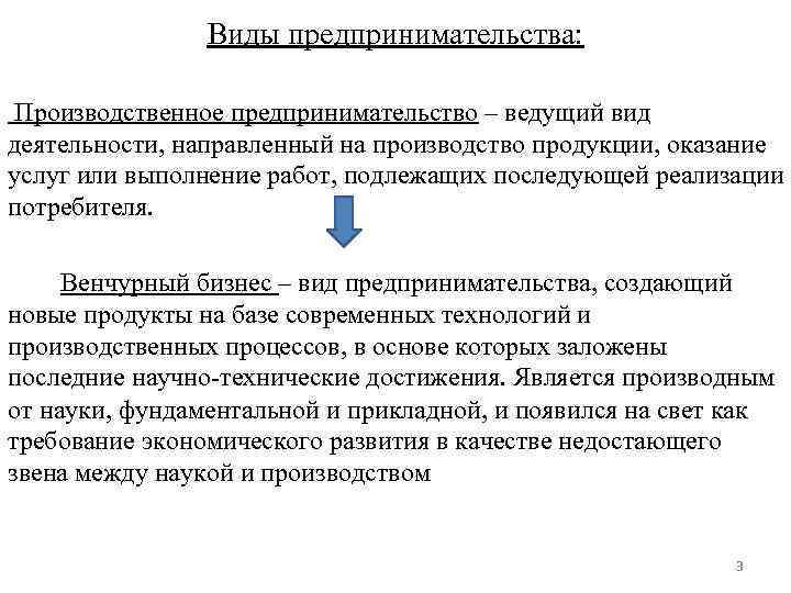 Виды предпринимательства: Производственное предпринимательство – ведущий вид деятельности, направленный на производство продукции, оказание услуг