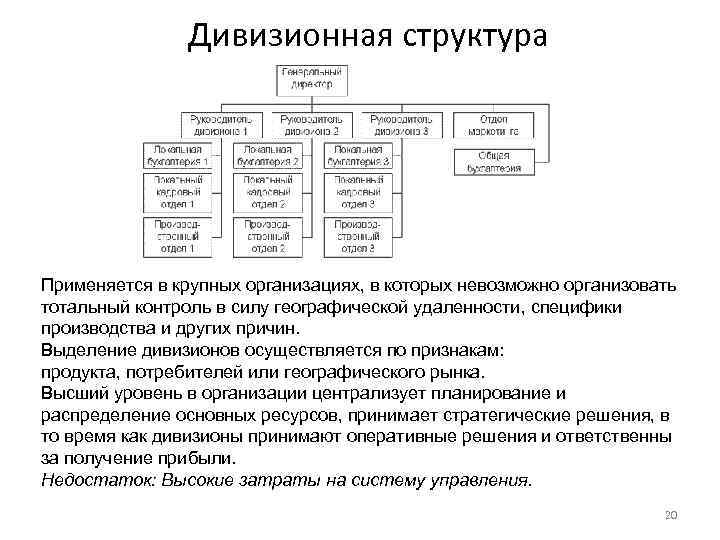 Дивизионная структура Применяется в крупных организациях, в которых невозможно организовать тотальный контроль в силу