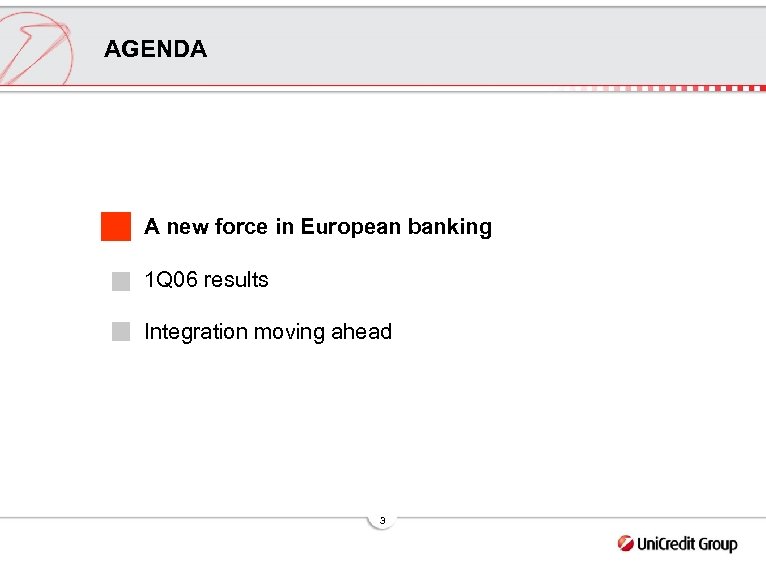 AGENDA A new force in European banking 1 Q 06 results Integration moving ahead