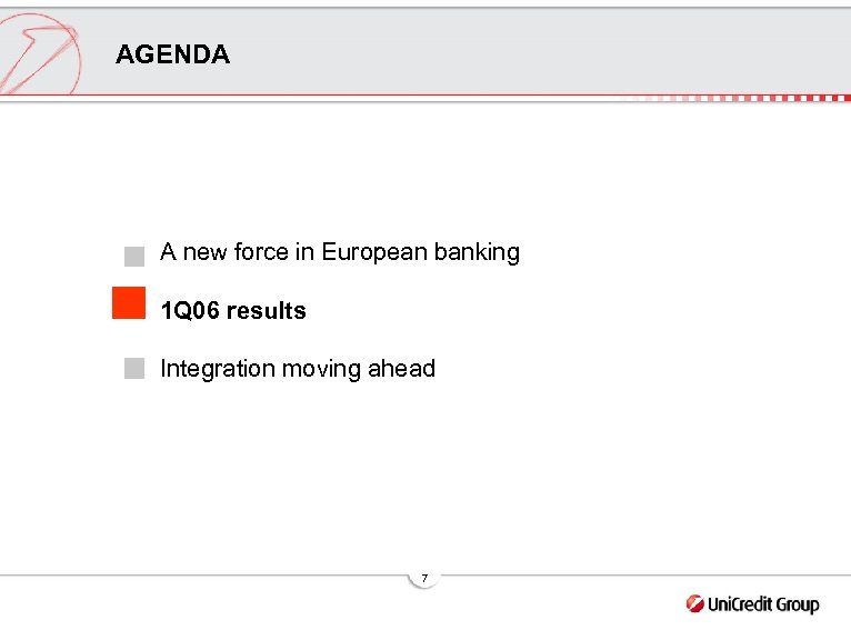 AGENDA A new force in European banking 1 Q 06 results Integration moving ahead
