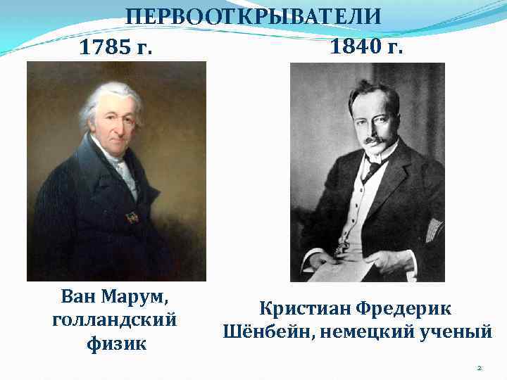 ПЕРВООТКРЫВАТЕЛИ 1840 г. 1785 г. Ван Марум, голландский физик Кристиан Фредерик Шёнбейн, немецкий ученый