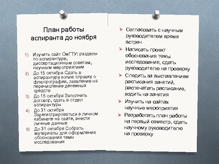 План работы аспиранта до ноября 1) 2) 3) 4) 5) Изучить сайт Ом. ГТУ: