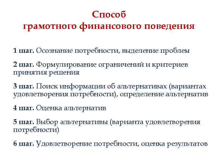 Способ грамотного финансового поведения 1 шаг. Осознание потребности, выделение проблем 2 шаг. Формулирование ограничений