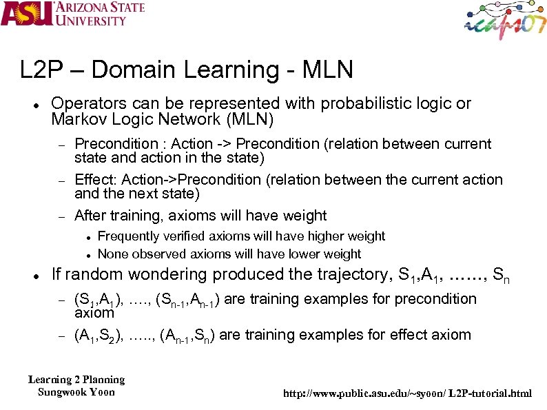 L 2 P – Domain Learning - MLN Operators can be represented with probabilistic