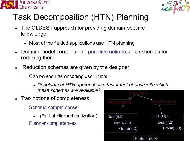 Task Decomposition (HTN) Planning The OLDEST approach for providing domain-specific knowledge Most of the