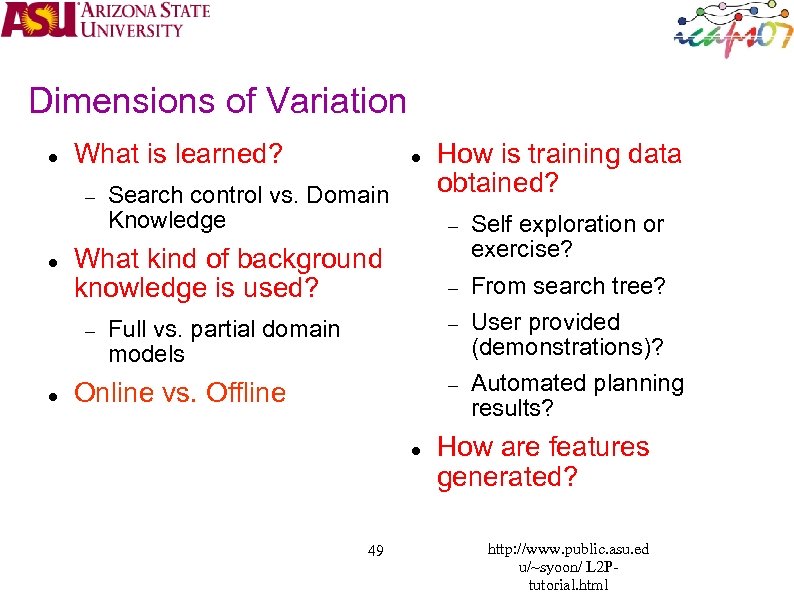 Dimensions of Variation What is learned? Search control vs. Domain Knowledge How is training