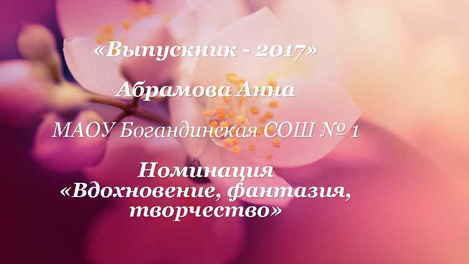  «Выпускник - 2017» Абрамова Анна МАОУ Богандинская СОШ № 1 Номинация «Вдохновение, фантазия,