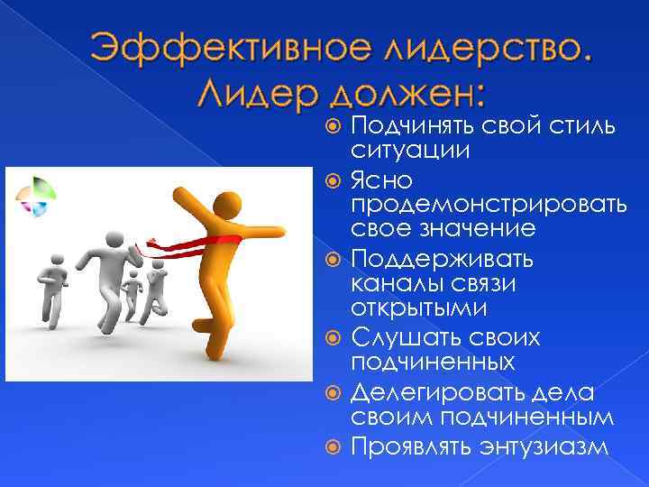 Эффективное лидерство. Лидер должен: Подчинять свой стиль ситуации Ясно продемонстрировать свое значение Поддерживать каналы