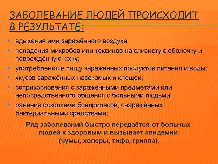 ЗАБОЛЕВАНИЕ ЛЮДЕЙ ПРОИСХОДИТ В РЕЗУЛЬТАТЕ: § вдыхания ими заражённого воздуха; § попадания микробов или