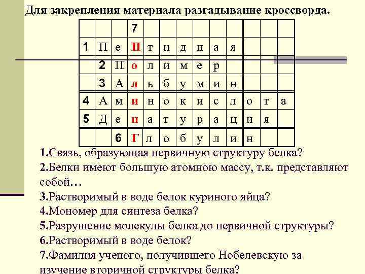 Для закрепления материала разгадывание кроссворда. 1 П 2 3 4 А 5 Д е