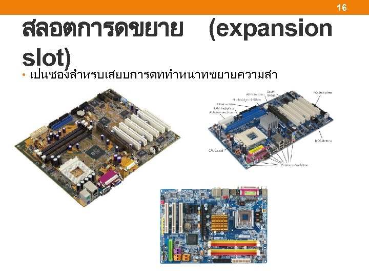 16 สลอตการดขยาย (expansion slot) • เปนชองสำหรบเสยบการดททำหนาทขยายความสา มารถของคอมพวเตอร 