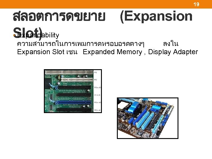 19 สลอตการดขยาย (Expansion • Expandability Slot) ความสามารถในการเพมการดหรอบอรดตางๆ ลงใน Expansion Slot เชน Expanded Memory ,
