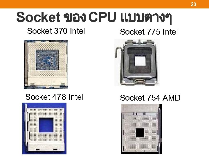 23 Socket ของ CPU แบบตางๆ Socket 370 Intel Socket 775 Intel Socket 478 Intel