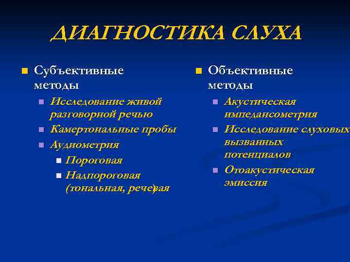 ДИАГНОСТИКА СЛУХА n Субъективные методы n n n Исследование живой разговорной речью Камертональные пробы