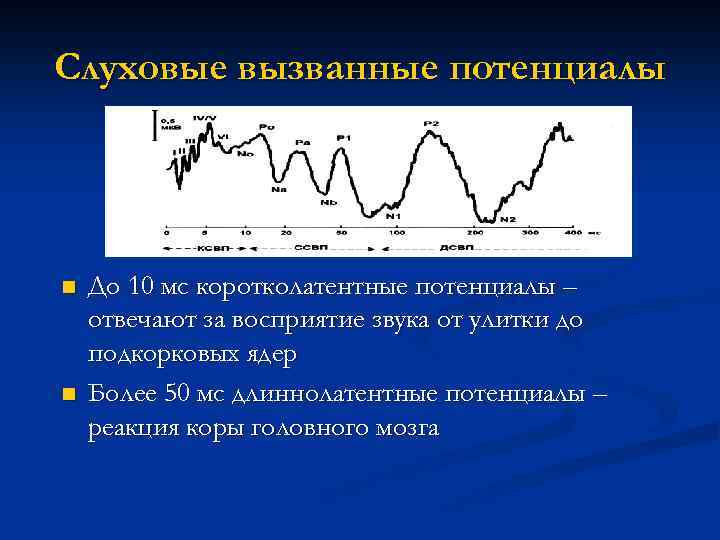 Слуховые вызванные потенциалы n n До 10 мс коротколатентные потенциалы – отвечают за восприятие