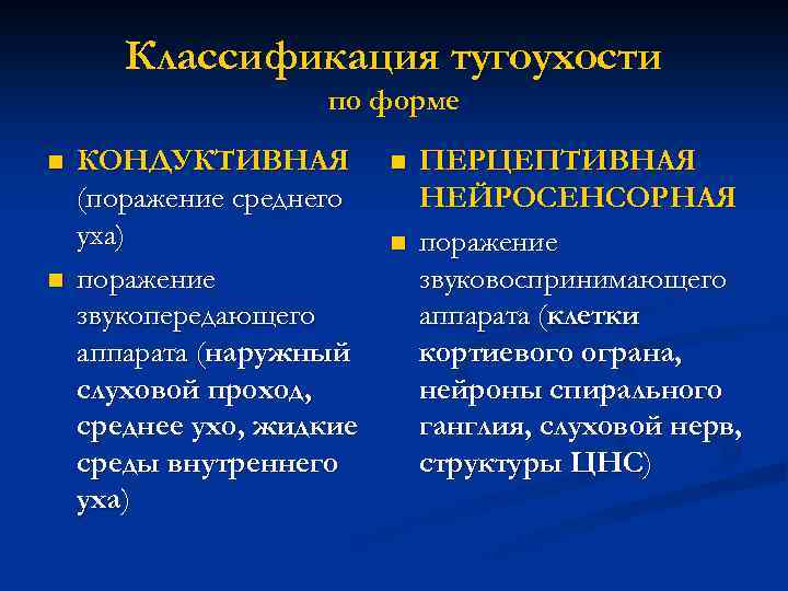 Классификация тугоухости по форме n n КОНДУКТИВНАЯ (поражение среднего уха) поражение звукопередающего аппарата (наружный