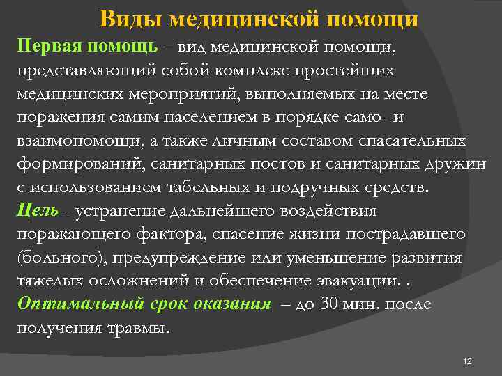 Виды медицинской помощи Первая помощь – вид медицинской помощи, представляющий собой комплекс простейших медицинских