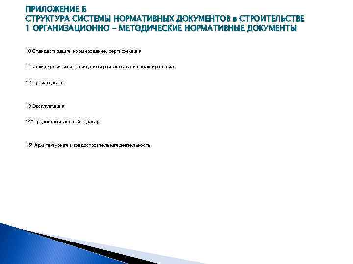  ПРИЛОЖЕНИЕ Б СТРУКТУРА СИСТЕМЫ НОРМАТИВНЫХ ДОКУМЕНТОВ в СТРОИТЕЛЬСТВЕ 1 ОРГАНИЗАЦИОННО - МЕТОДИЧЕСКИЕ НОРМАТИВНЫЕ