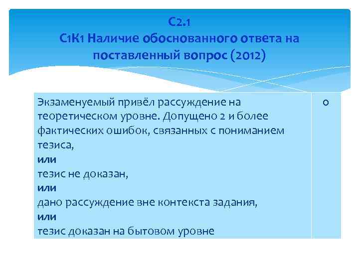 С 2. 1 С 1 К 1 Наличие обоснованного ответа на поставленный вопрос (2012)