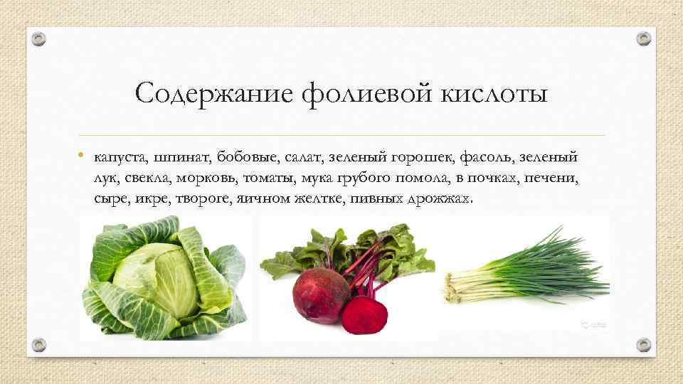 Содержание фолиевой кислоты • капуста, шпинат, бобовые, салат, зеленый горошек, фасоль, зеленый лук, свекла,