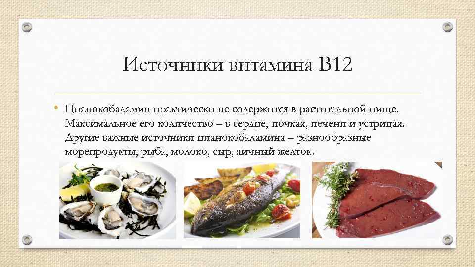 Источники витамина B 12 • Цианокобаламин практически не содержится в растительной пище. Максимальное его