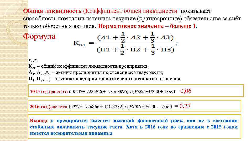 Общая ликвидность (Коэффициент общей ликвидности показывает способность компании погашать текущие (краткосрочные) обязательства за счёт