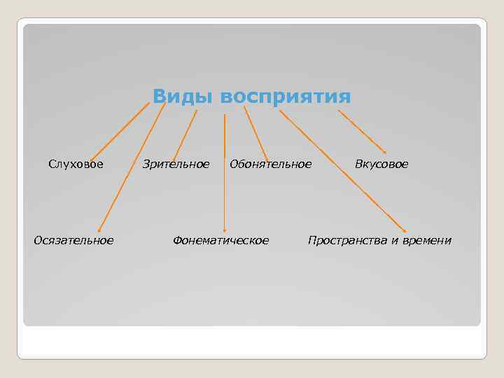 Виды восприятия Слуховое Зрительное Обонятельное Вкусовое Осязательное Фонематическое Пространства и времени 