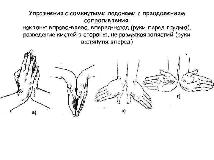 Упражнения с сомкнутыми ладонями с преодолением сопротивления: наклоны вправо-влево, вперед-назад (руки перед грудью), разведение