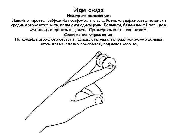 Иди сюда Исходное положение: Ладонь опирается ребром на поверхность стола. Катушка удерживается за диски