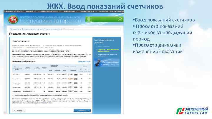 ЖКХ. Ввод показаний счетчиков • Просмотр показаний счетчиков за предыдущий период • Просмотр динамики