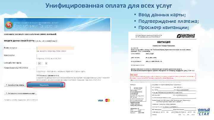 Унифицированная оплата для всех услуг • Ввод данных карты; • Подтверждение платежа; • Просмотр