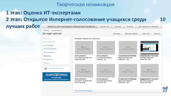 Творческая номинация 1 этап: Оценка ИТ-экспертами 2 этап: Открытое Интернет-голосование учащихся среди лучших работ