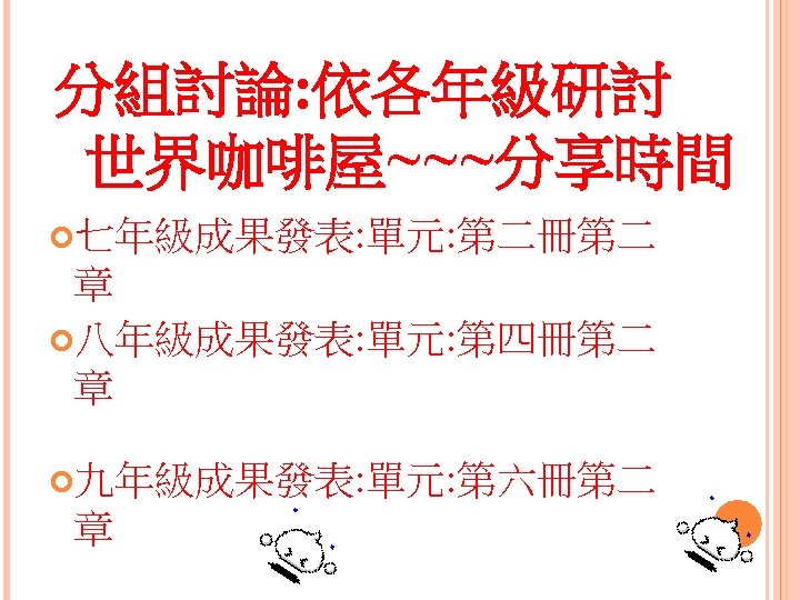 分組討論: 依各年級研討 世界咖啡屋~~~分享時間 七年級成果發表: 單元: 第二冊第二 章 八年級成果發表: 單元: 第四冊第二 章 九年級成果發表: 單元: 第六冊第二
