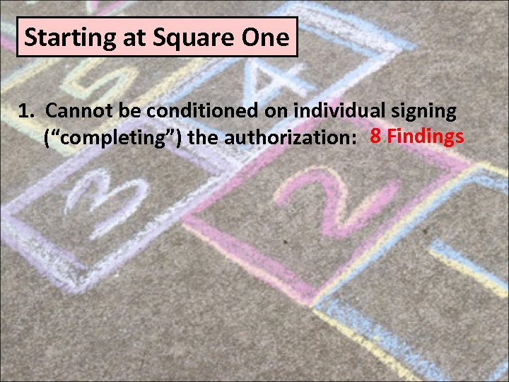 Starting at Square One 1. Cannot be conditioned on individual signing (“completing”) the authorization: