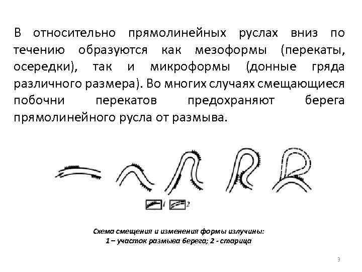 В относительно прямолинейных руслах вниз по течению образуются как мезоформы (перекаты, осередки), так и