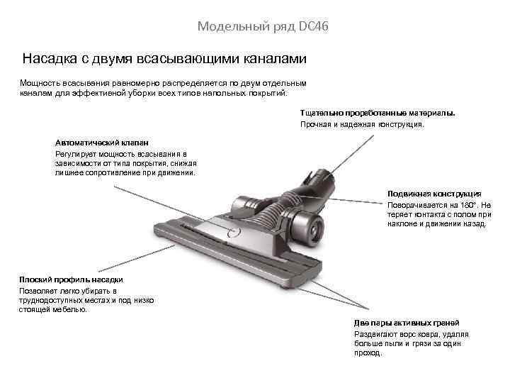 Модельный ряд DC 46 Насадка с двумя всасывающими каналами Мощность всасывания равномерно распределяется по