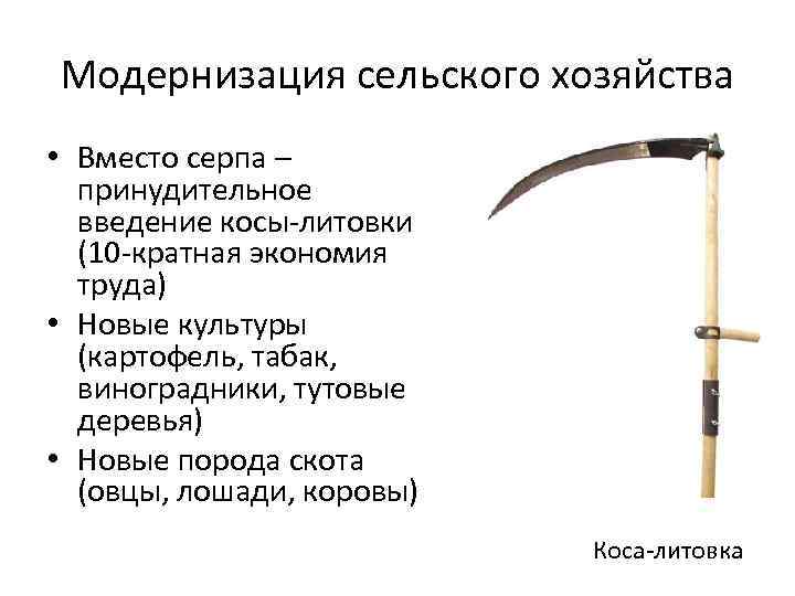 Модернизация сельского хозяйства • Вместо серпа – принудительное введение косы-литовки (10 -кратная экономия труда)