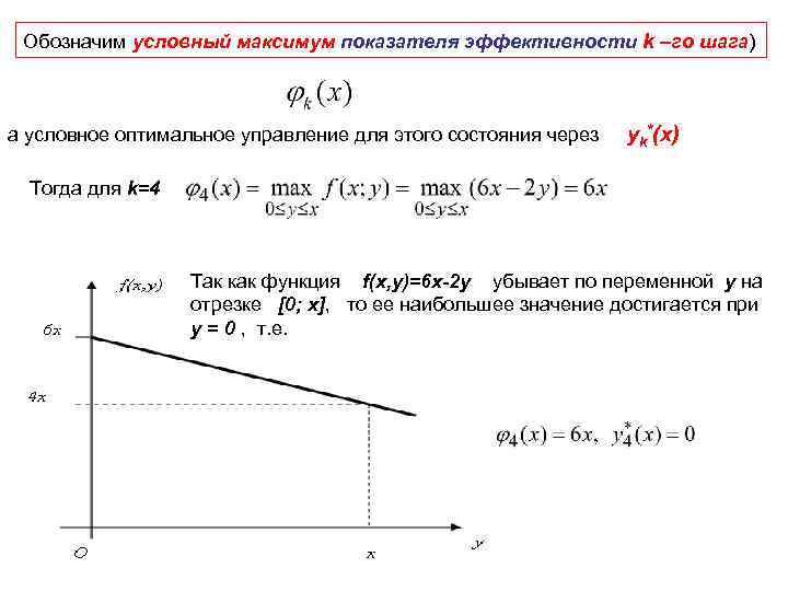 Обозначим условный максимум показателя эффективности k –го шага) а условное оптимальное управление для этого