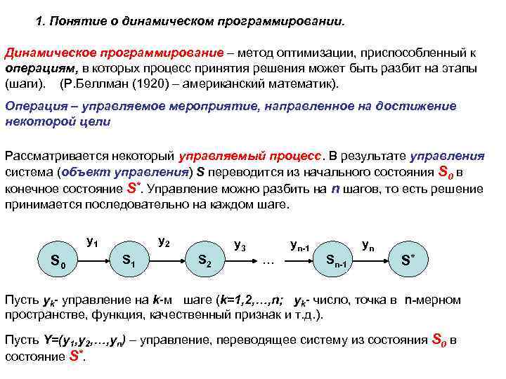 1. Понятие о динамическом программировании. Динамическое программирование – метод оптимизации, приспособленный к операциям, в