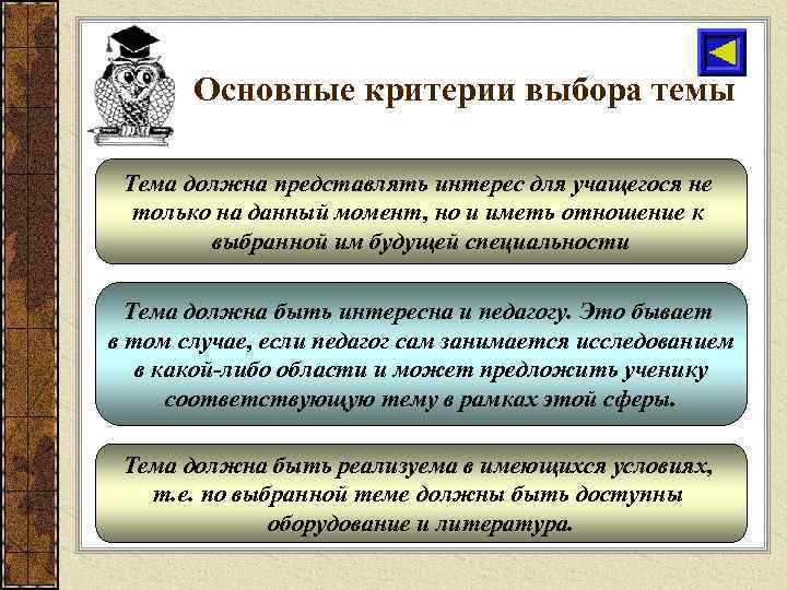 Основные критерии выбора темы Тема должна представлять интерес для учащегося не только на данный