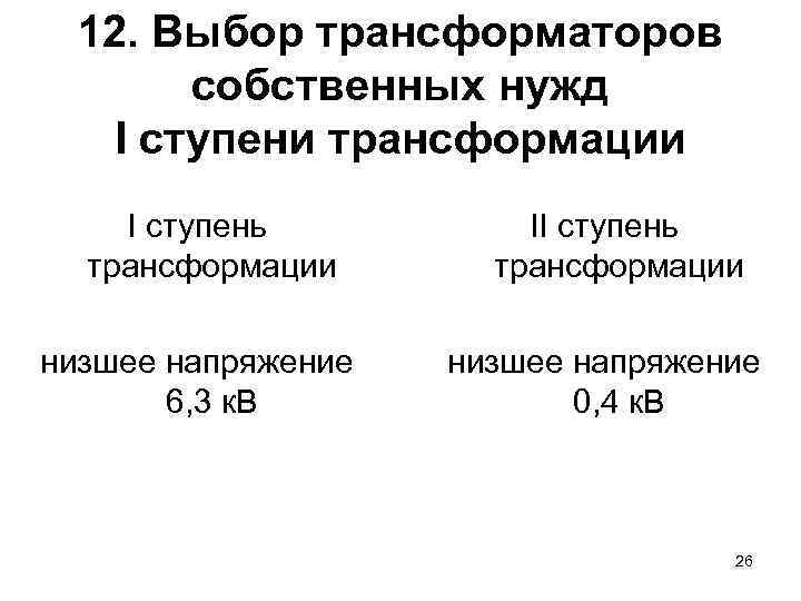 12. Выбор трансформаторов собственных нужд I ступени трансформации I ступень трансформации низшее напряжение 6,